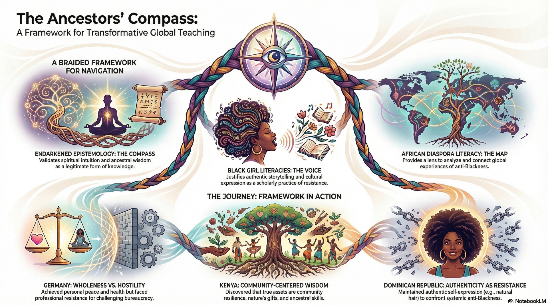 The Ancestors' Compass: A Framework for Transformative Global Teaching — infographic by Dr. Rhonesha L. Blaché